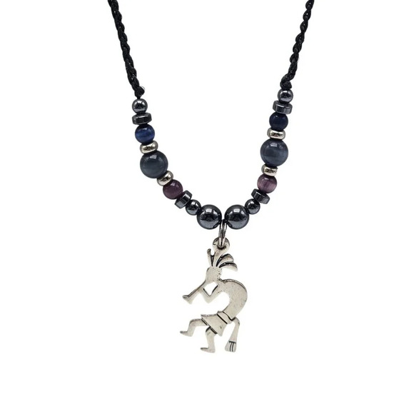 Glass Beads Kokopelli Pendant Braided Cord Necklace Silver Tone Vintage - Picture 2 of 8